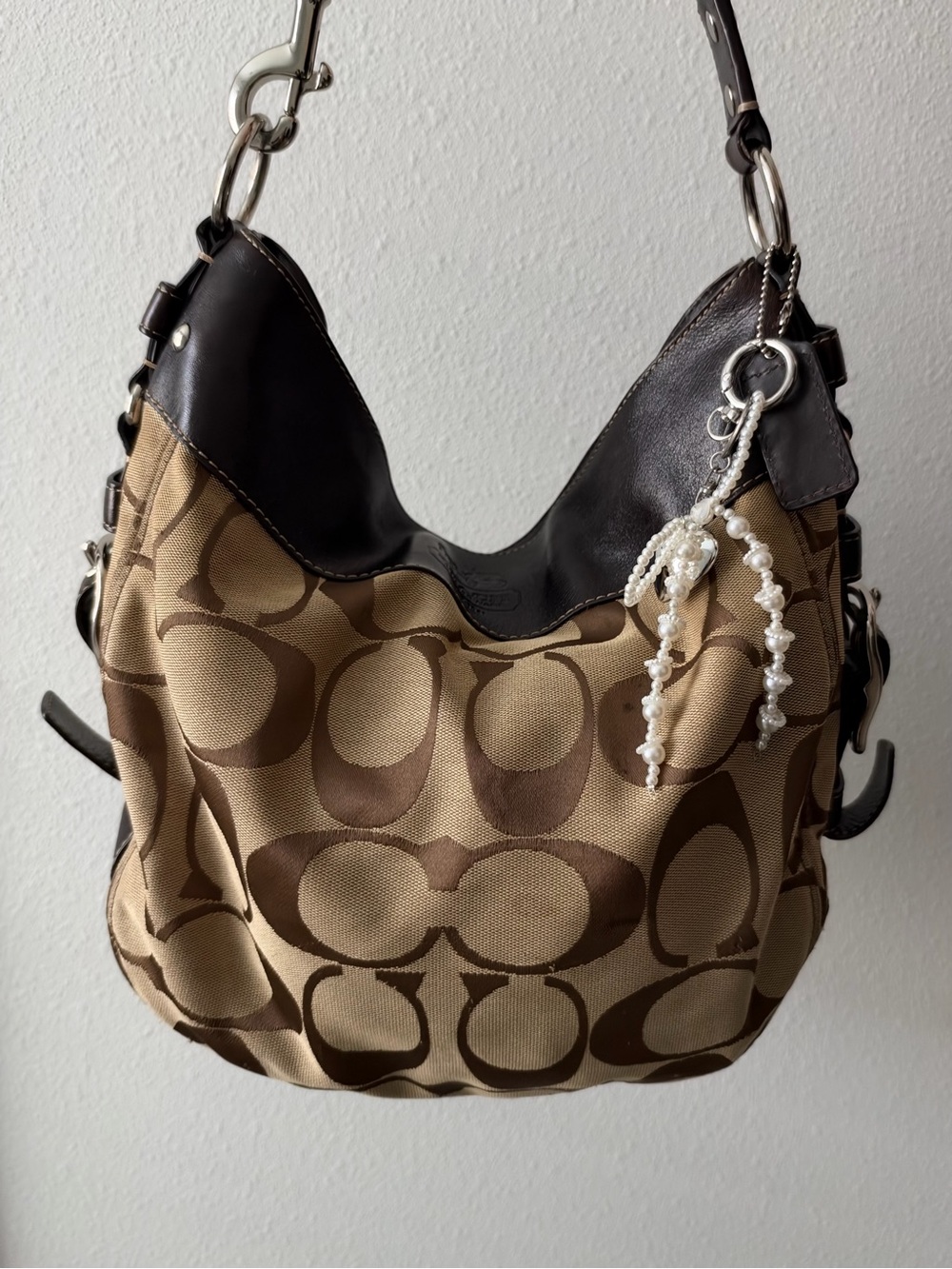 Large Zoe Hobo Signature Jacquard Khaki Brown Leather Shoulder Bag